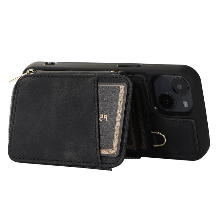 For iPhone 13 Zipper Wallet Cover Kickstand PU Leather+TPU Case Mobile Phone Guard Shell - Black - 3