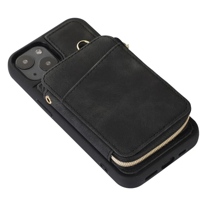 For iPhone 13 Zipper Wallet Cover Kickstand PU Leather+TPU Case Mobile Phone Guard Shell - Black - 4