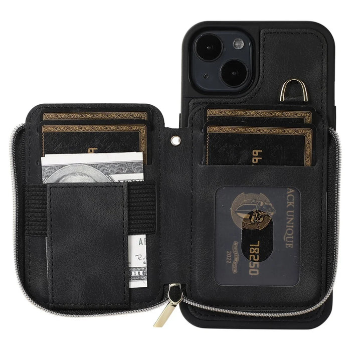 For iPhone 13 Zipper Wallet Cover Kickstand PU Leather+TPU Case Mobile Phone Guard Shell - Black - 5