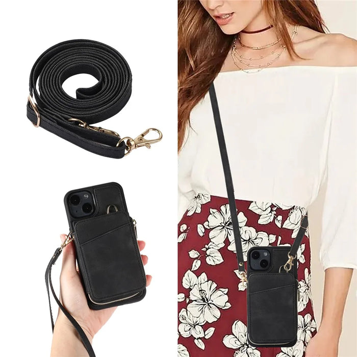 For iPhone 13 Zipper Wallet Cover Kickstand PU Leather+TPU Case Mobile Phone Guard Shell - Black - 6
