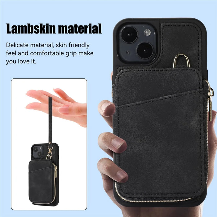 For iPhone 13 Zipper Wallet Cover Kickstand PU Leather+TPU Case Mobile Phone Guard Shell - Black - 7
