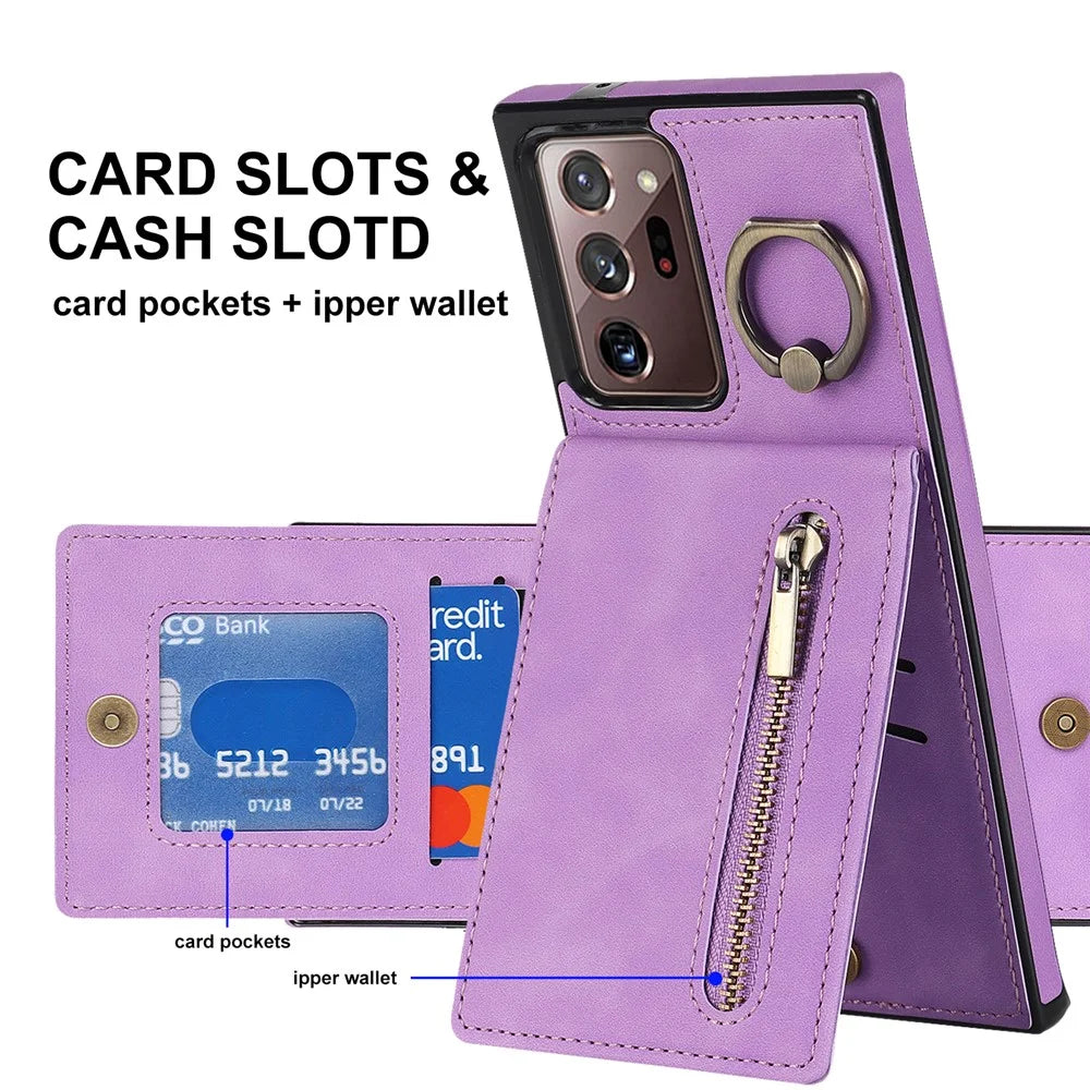 RFID Blocking Phone Case for Samsung Galaxy Note20 Ultra / Note20 Ultra 5G Retro PU+TPU Kickstand Cover with Zippered Wallet - Purple - 5