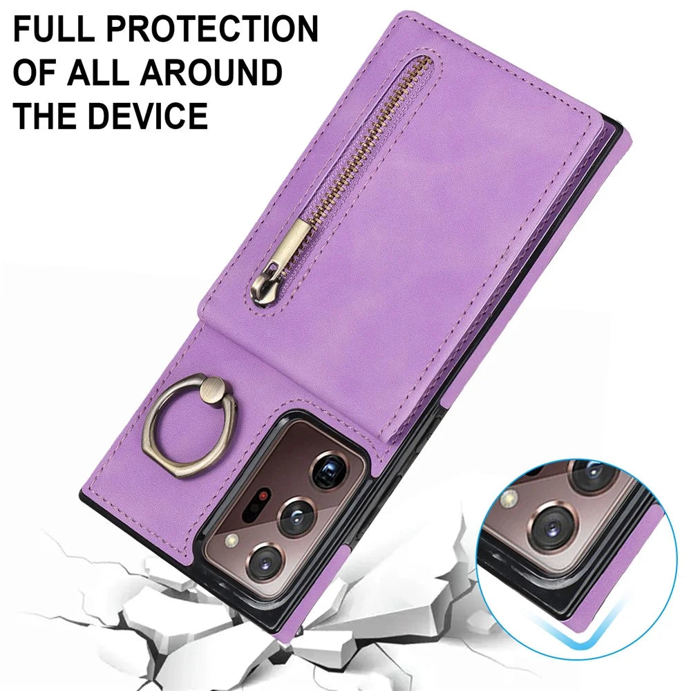 RFID Blocking Phone Case for Samsung Galaxy Note20 Ultra / Note20 Ultra 5G Retro PU+TPU Kickstand Cover with Zippered Wallet - Purple - 7