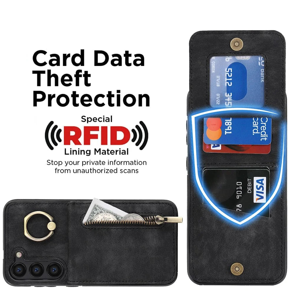 RFID Blocking Kickstand Phone Case for Samsung Galaxy S23+ Retro PU+TPU Zippered Wallet Phone Cover - Black - 3