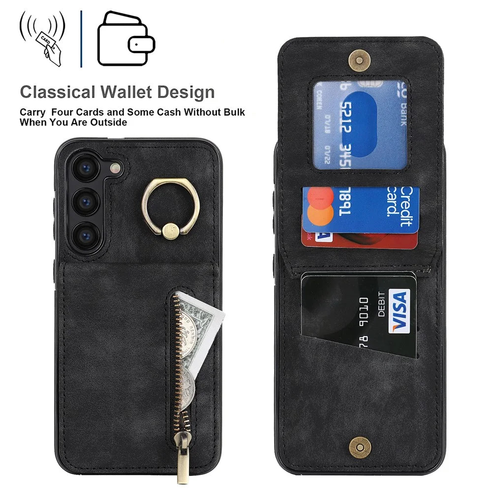 RFID Blocking Kickstand Phone Case for Samsung Galaxy S23+ Retro PU+TPU Zippered Wallet Phone Cover - Black - 5