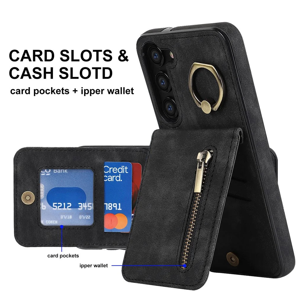 RFID Blocking Kickstand Phone Case for Samsung Galaxy S23+ Retro PU+TPU Zippered Wallet Phone Cover - Black - 6