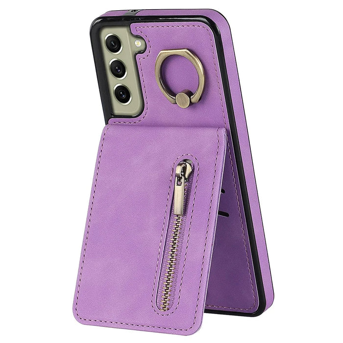 Kickstand Zippered Wallet Case for Samsung Galaxy S21 FE 5G Retro PU+TPU RFID Blocking Phone Cover - Purple - 1