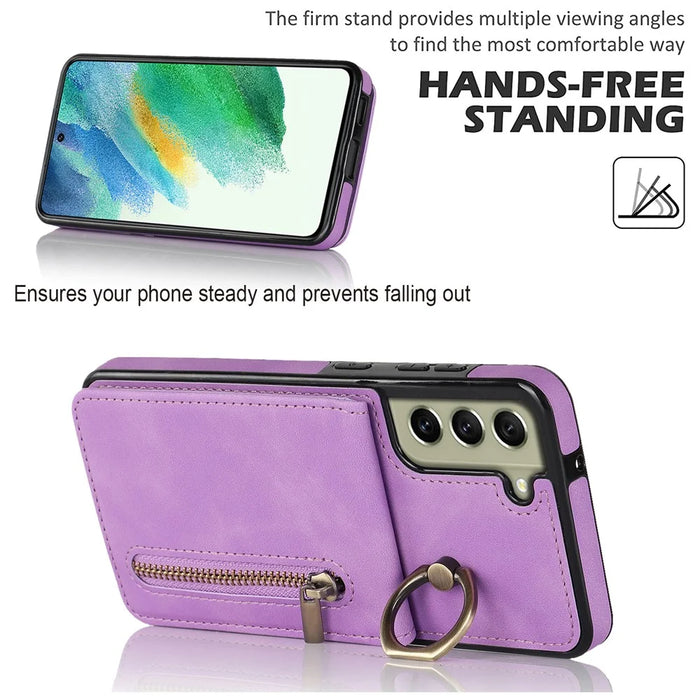 Kickstand Zippered Wallet Case for Samsung Galaxy S21 FE 5G Retro PU+TPU RFID Blocking Phone Cover - Purple - 2