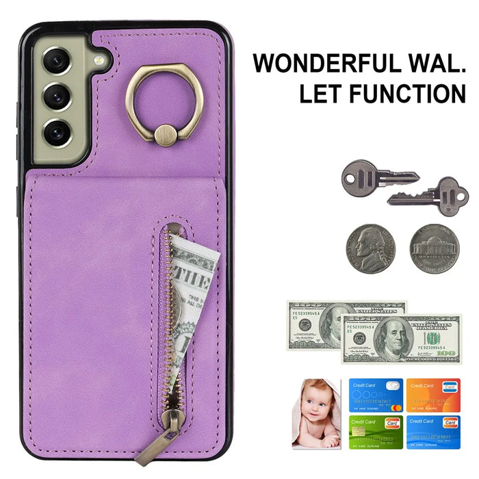 Kickstand Zippered Wallet Case for Samsung Galaxy S21 FE 5G Retro PU+TPU RFID Blocking Phone Cover - Purple - 4