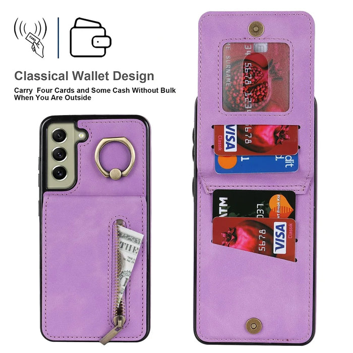 Kickstand Zippered Wallet Case for Samsung Galaxy S21 FE 5G Retro PU+TPU RFID Blocking Phone Cover - Purple - 5