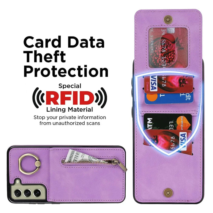 Retro PU+TPU Kickstand Case for Samsung Galaxy S22 5G RFID Blocking Phone Cover with Zippered Wallet - Purple - 3