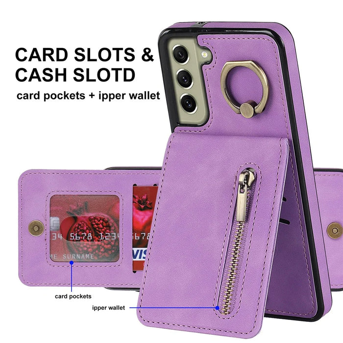 Retro PU+TPU Kickstand Case for Samsung Galaxy S22 5G RFID Blocking Phone Cover with Zippered Wallet - Purple - 6