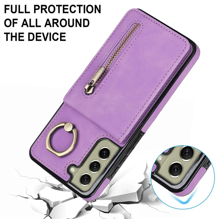 Retro PU+TPU Kickstand Case for Samsung Galaxy S22 5G RFID Blocking Phone Cover with Zippered Wallet - Purple - 7