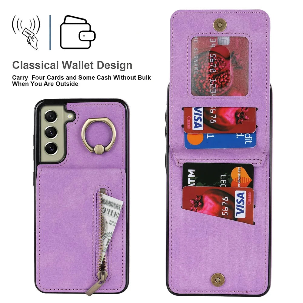 Retro PU+TPU Phone Case for Samsung Galaxy S22+ 5G RFID Blocking Zippered Wallet Phone Cover with Kickstand - Purple - 5