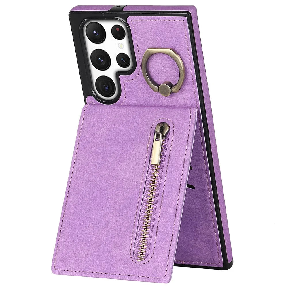 PU+TPU Kickstand Phone Cover for Samsung Galaxy S22 Ultra 5G RFID Blocking Phone Case with Zippered Wallet - Purple - 1