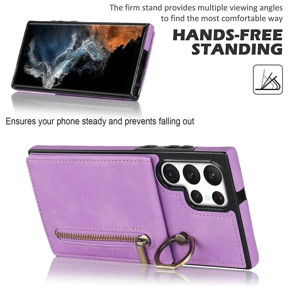 PU+TPU Kickstand Phone Cover for Samsung Galaxy S22 Ultra 5G RFID Blocking Phone Case with Zippered Wallet - Purple - 2
