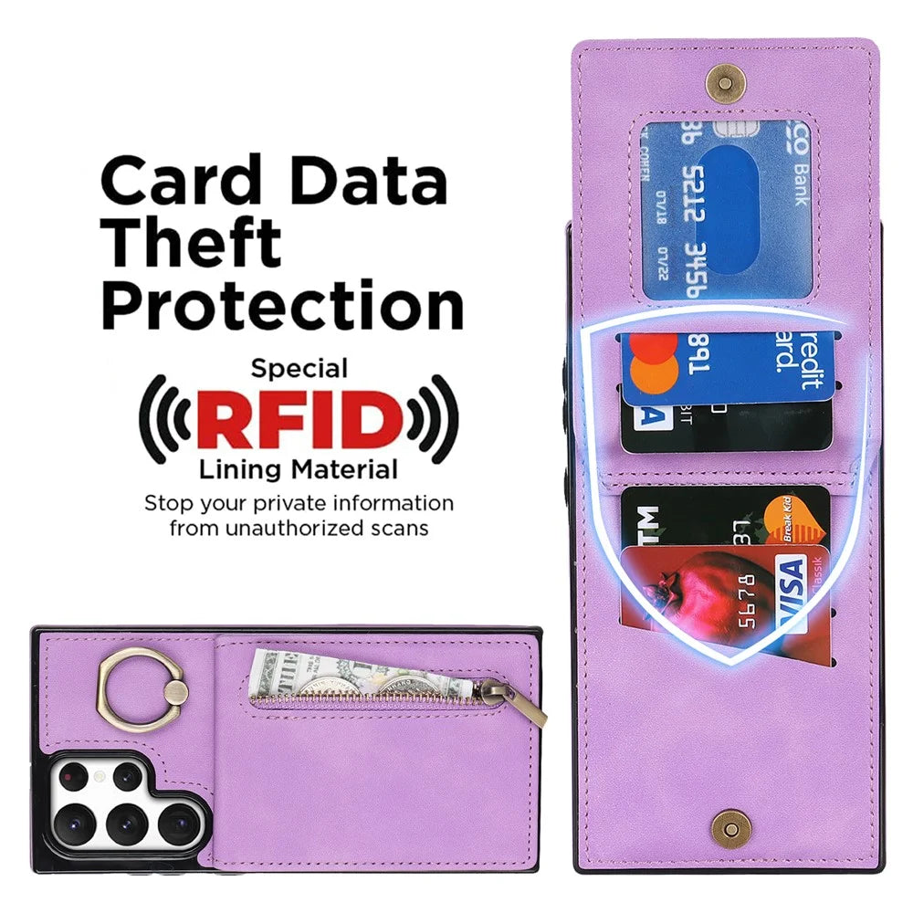 PU+TPU Kickstand Phone Cover for Samsung Galaxy S22 Ultra 5G RFID Blocking Phone Case with Zippered Wallet - Purple - 3