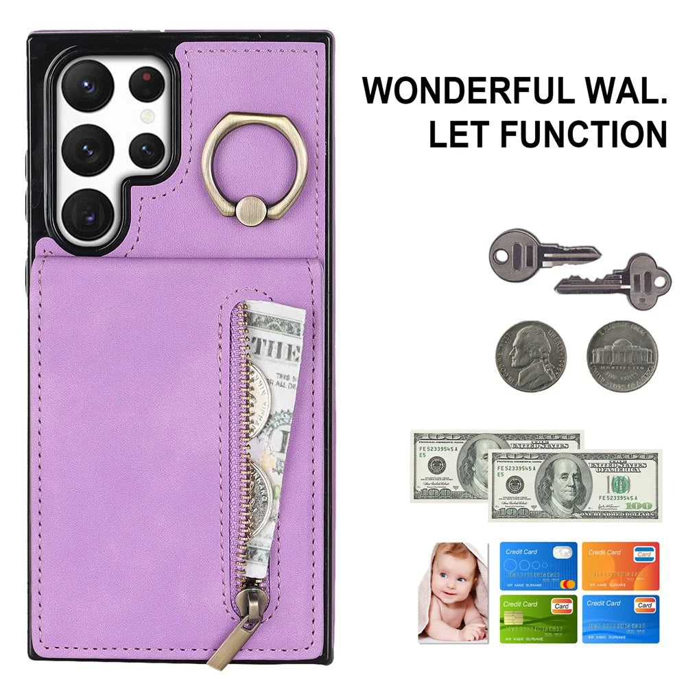 PU+TPU Kickstand Phone Cover for Samsung Galaxy S22 Ultra 5G RFID Blocking Phone Case with Zippered Wallet - Purple - 4