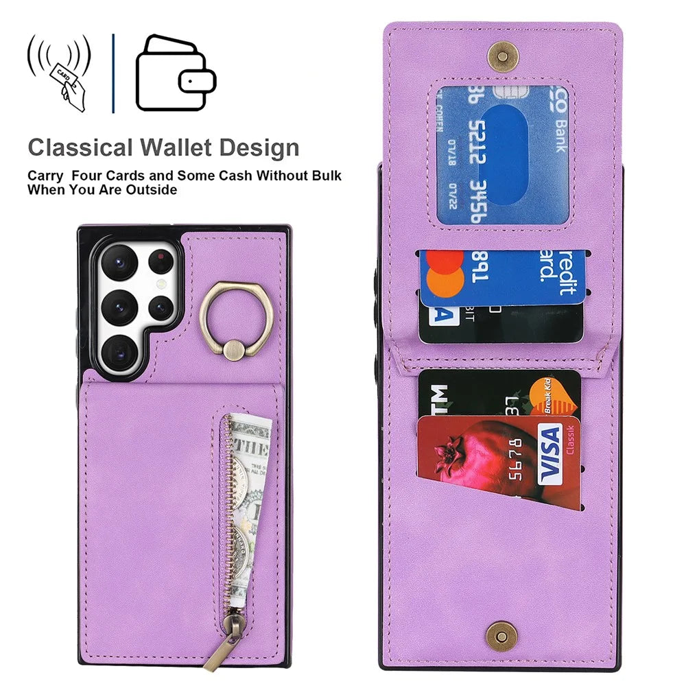 PU+TPU Kickstand Phone Cover for Samsung Galaxy S22 Ultra 5G RFID Blocking Phone Case with Zippered Wallet - Purple - 5