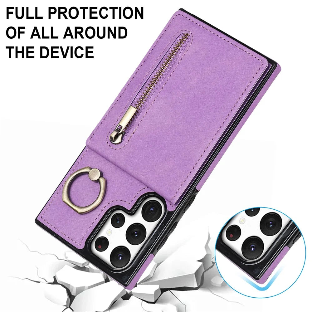 PU+TPU Kickstand Phone Cover for Samsung Galaxy S22 Ultra 5G RFID Blocking Phone Case with Zippered Wallet - Purple - 7