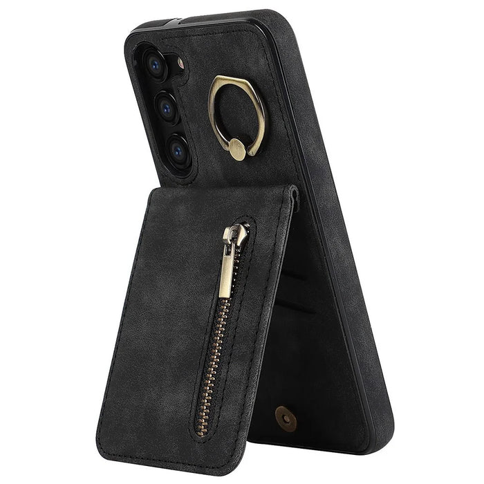 RFID Blocking Kickstand Case for Samsung Galaxy S23 Anti-Drop PU+TPU Phone Cover with Zippered Wallet - Black - 1