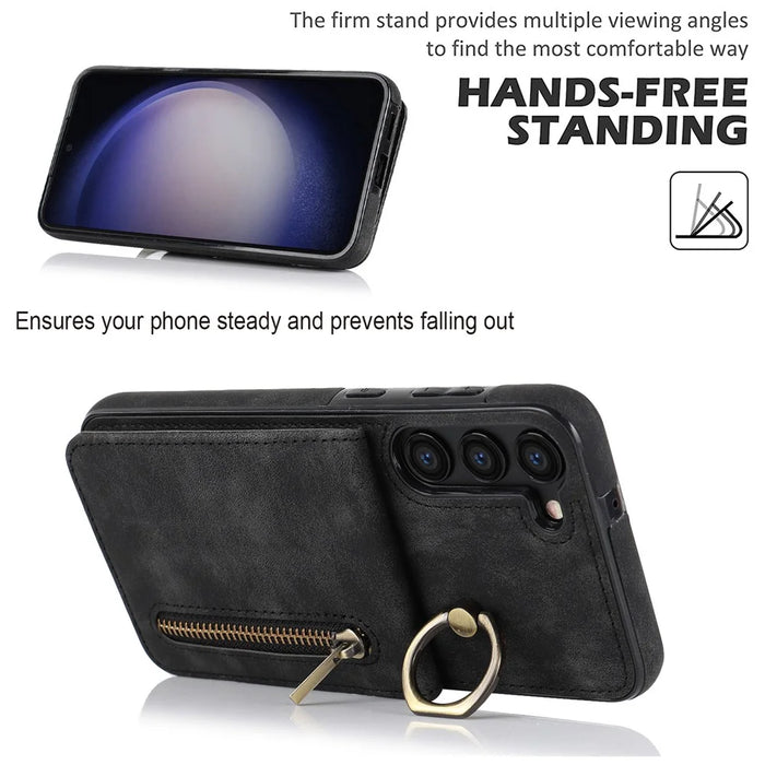 RFID Blocking Kickstand Case for Samsung Galaxy S23 Anti-Drop PU+TPU Phone Cover with Zippered Wallet - Black - 2