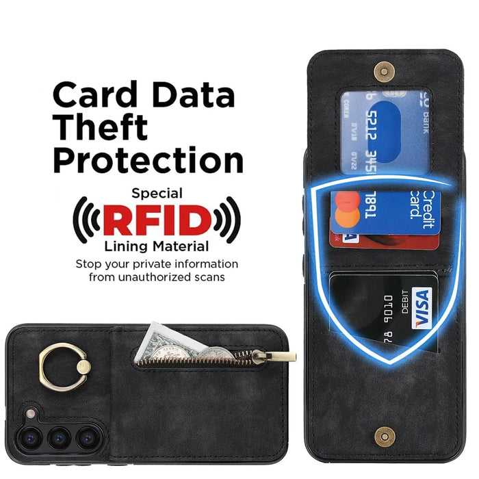 RFID Blocking Kickstand Case for Samsung Galaxy S23 Anti-Drop PU+TPU Phone Cover with Zippered Wallet - Black - 3