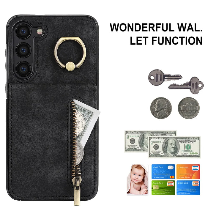 RFID Blocking Kickstand Case for Samsung Galaxy S23 Anti-Drop PU+TPU Phone Cover with Zippered Wallet - Black - 4