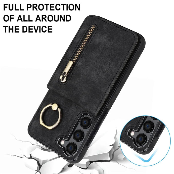RFID Blocking Kickstand Case for Samsung Galaxy S23 Anti-Drop PU+TPU Phone Cover with Zippered Wallet - Black - 7