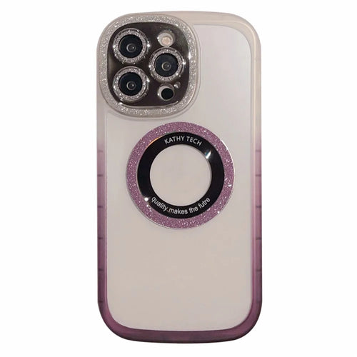 For iPhone 14 Pro Glittery Powder Clear Phone Case Acrylic+TPU+Tempered Glass Cover Compatible with MagSafe - Gradient Purple - 1