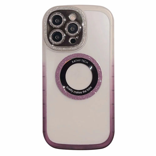 For iPhone 14 Pro Glittery Powder Clear Phone Case Acrylic+TPU+Tempered Glass Cover Compatible with MagSafe - Gradient Purple - 1