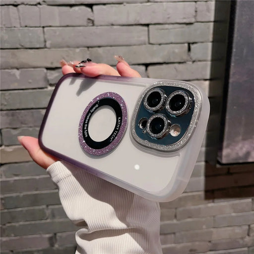 For iPhone 14 Pro Glittery Powder Clear Phone Case Acrylic+TPU+Tempered Glass Cover Compatible with MagSafe - Gradient Purple - 2
