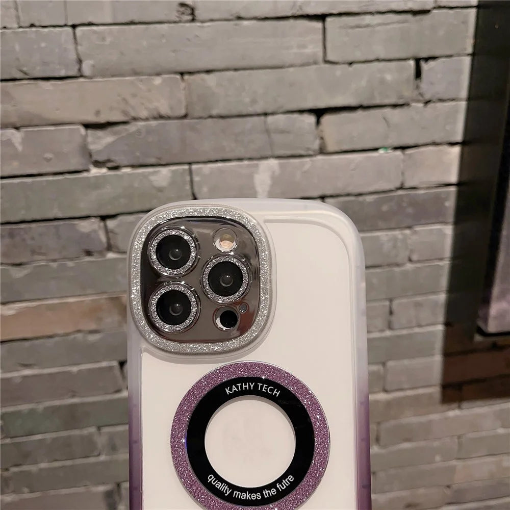 For iPhone 14 Pro Glittery Powder Clear Phone Case Acrylic+TPU+Tempered Glass Cover Compatible with MagSafe - Gradient Purple - 3