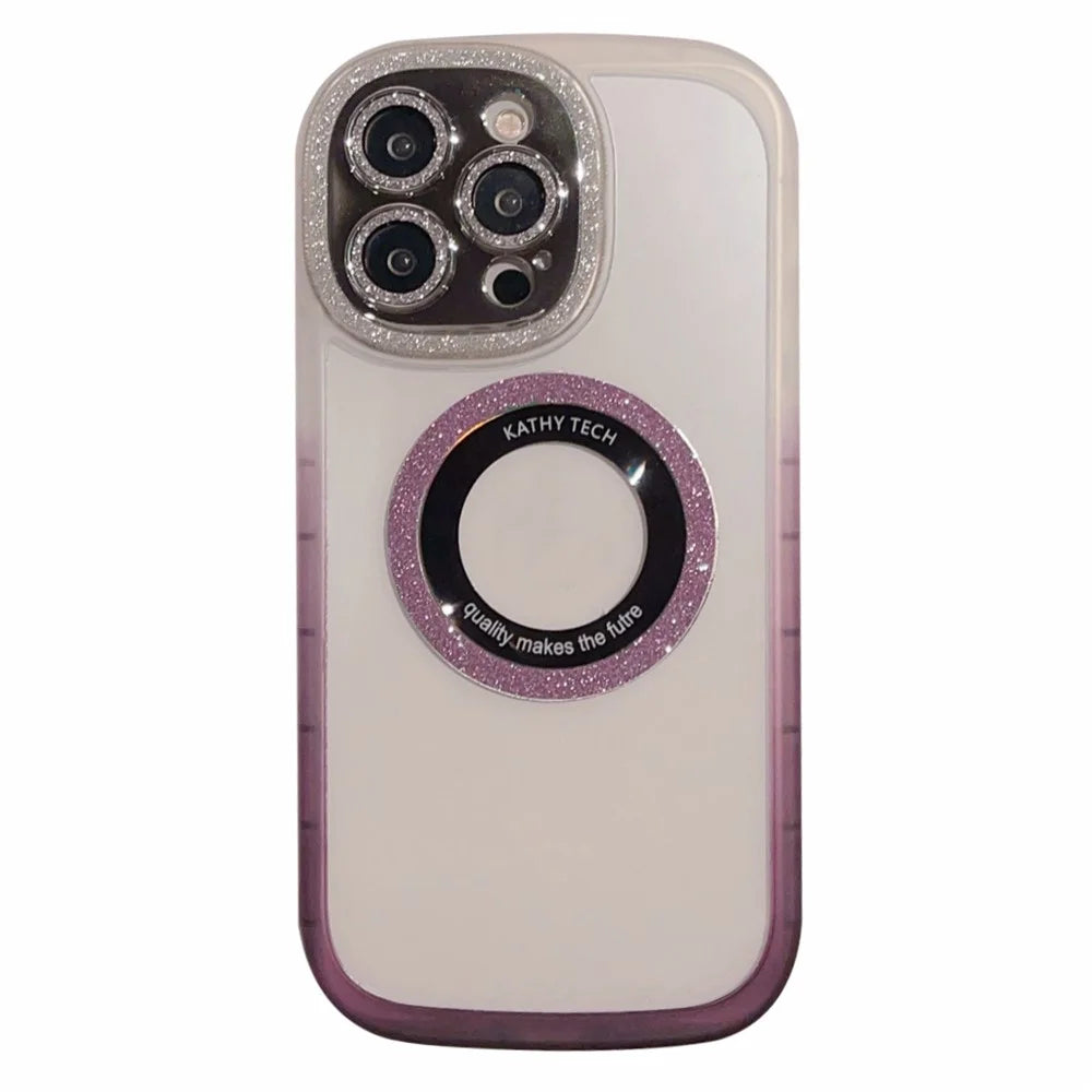 For iPhone 14 Pro Max Anti-Scratch Cover Glittery Powder Clear Acrylic+TPU+Tempered Glass Shell Compatible with MagSafe - Gradient Purple - 1