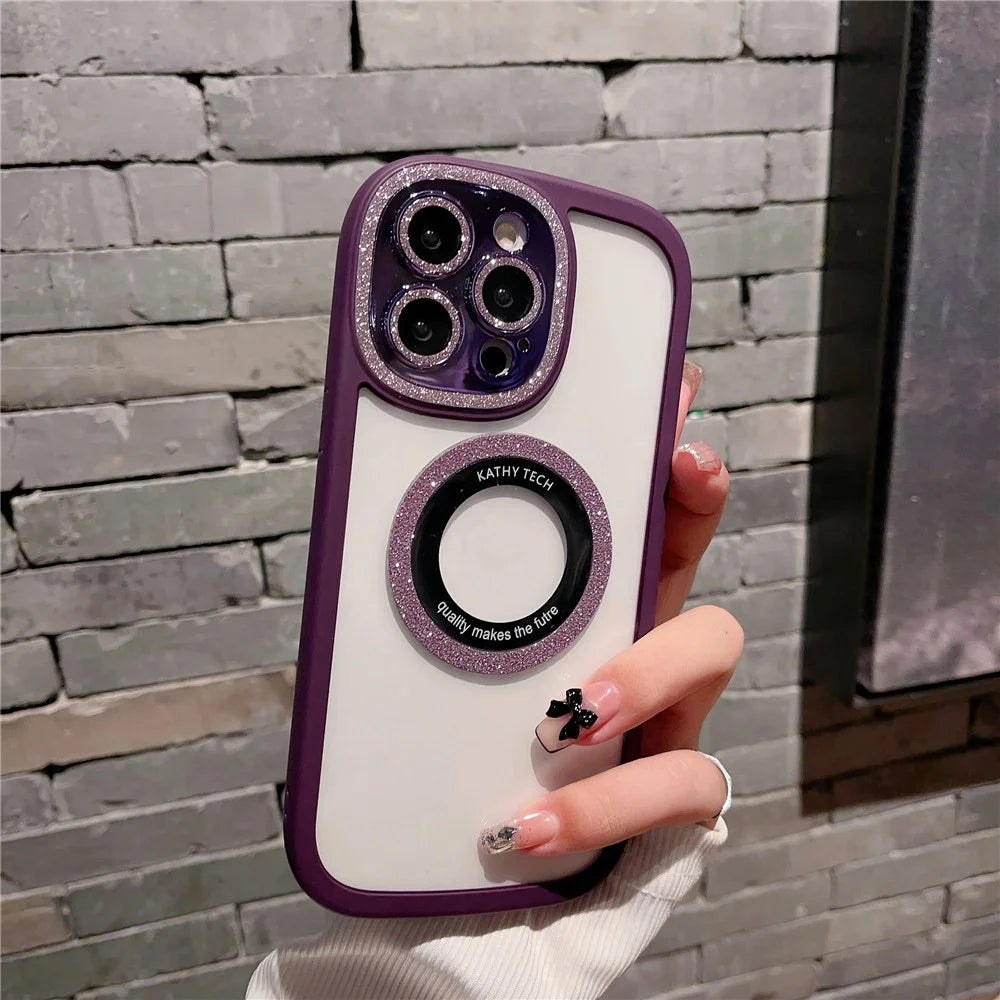 For iPhone 14 Pro Max Anti-Scratch Cover Glittery Powder Clear Acrylic+TPU+Tempered Glass Shell Compatible with MagSafe - Gradient Purple - 5