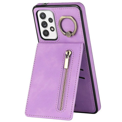 For Samsung Galaxy A32 5G / M32 5G RFID Blocking Wallet Phone Case Retro PU+TPU Kickstand Phone Cover - Purple - 1