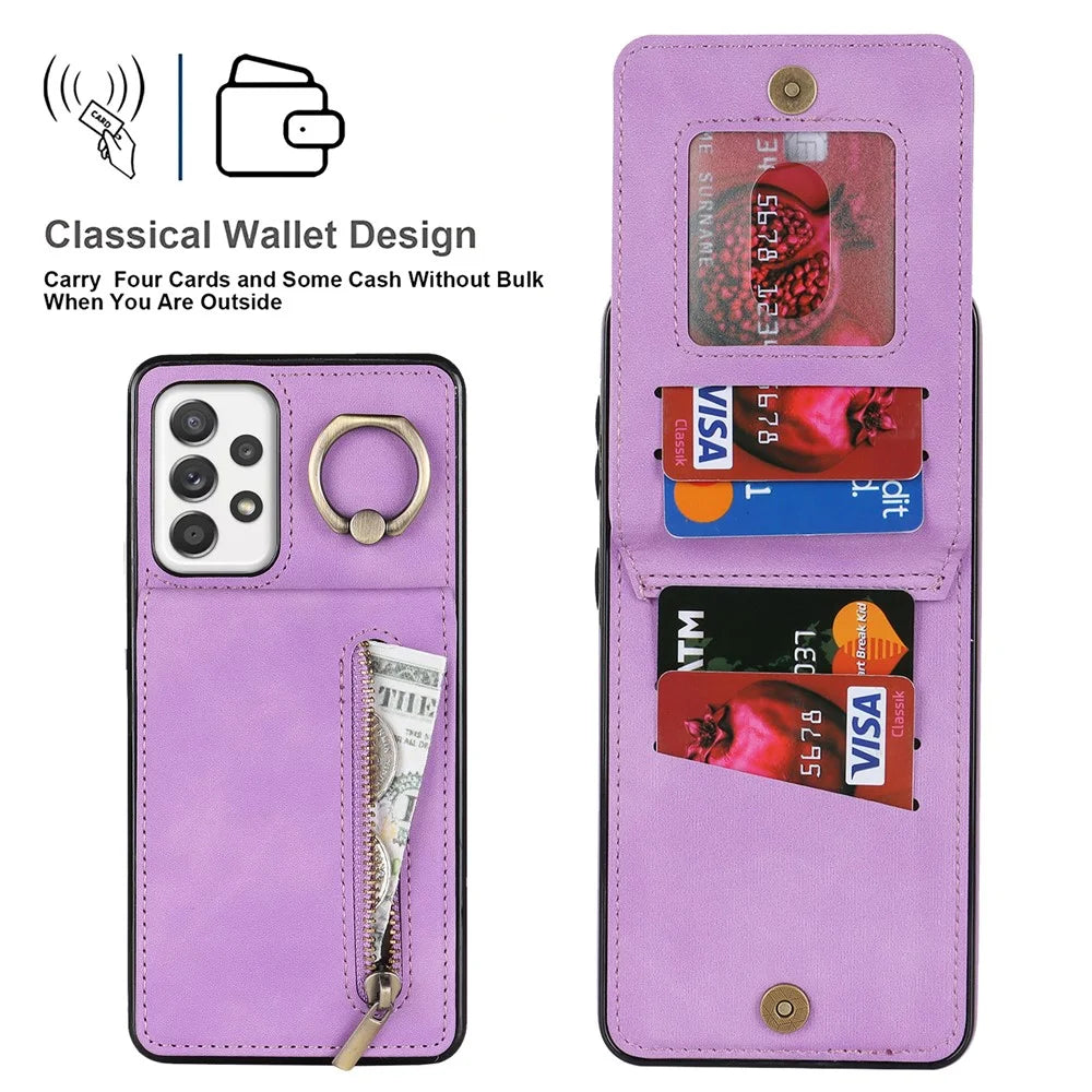 For Samsung Galaxy A32 5G / M32 5G RFID Blocking Wallet Phone Case Retro PU+TPU Kickstand Phone Cover - Purple - 5