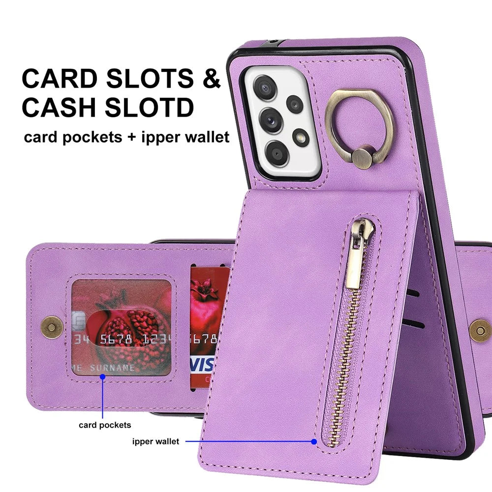 For Samsung Galaxy A32 5G / M32 5G RFID Blocking Wallet Phone Case Retro PU+TPU Kickstand Phone Cover - Purple - 6