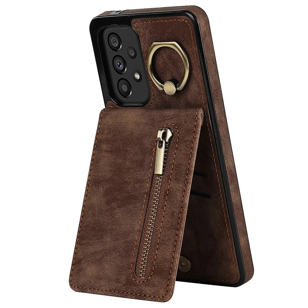 For Samsung Galaxy A33 5G RFID Blocking Kickstand Case Retro PU+TPU Shockproof Wallet Phone Cover - Brown - 1