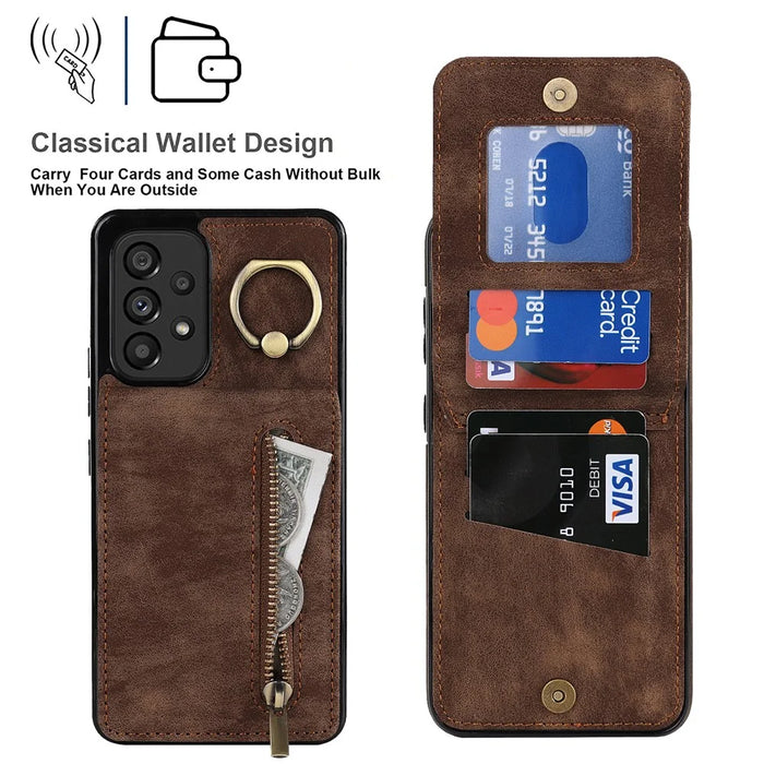 For Samsung Galaxy A33 5G RFID Blocking Kickstand Case Retro PU+TPU Shockproof Wallet Phone Cover - Brown - 5