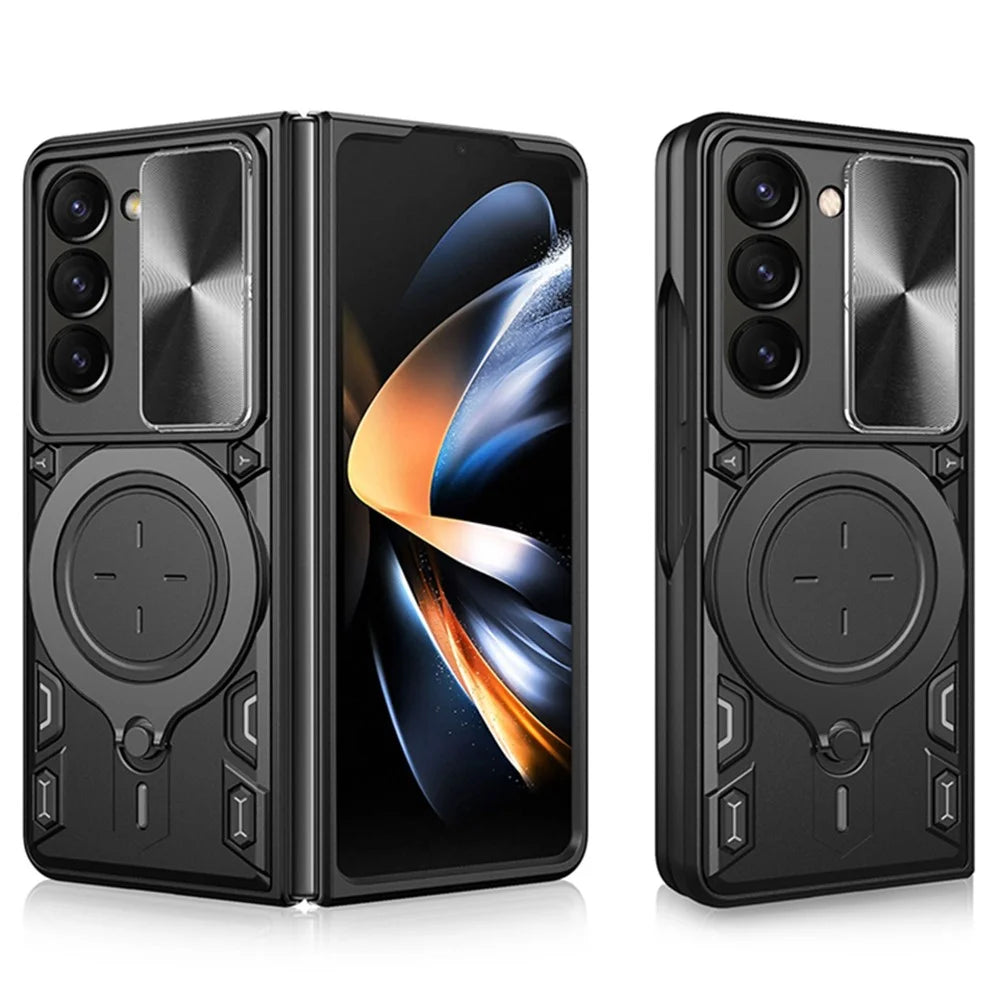 For Samsung Galaxy Z Fold5 5G Rotary Kickstand Phone Cover PC+TPU Case with Slide Lens Protection - Black - 1