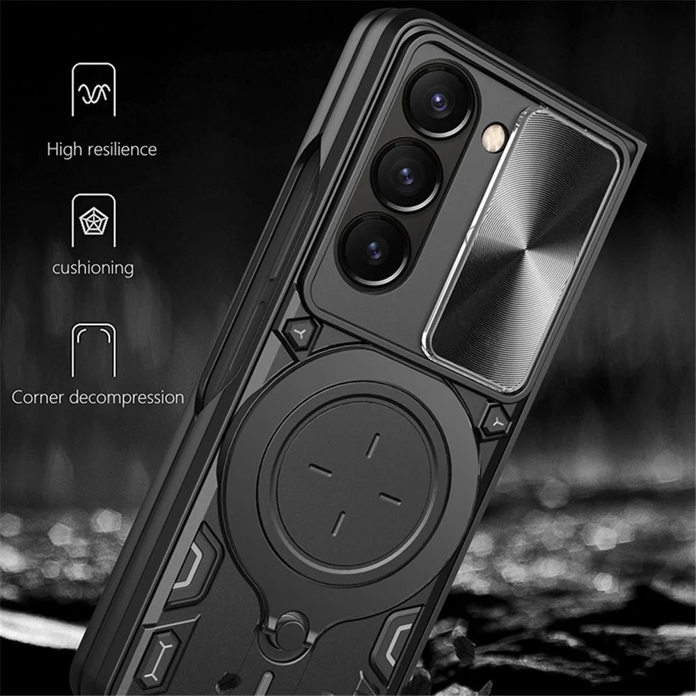 For Samsung Galaxy Z Fold5 5G Rotary Kickstand Phone Cover PC+TPU Case with Slide Lens Protection - Black - 2