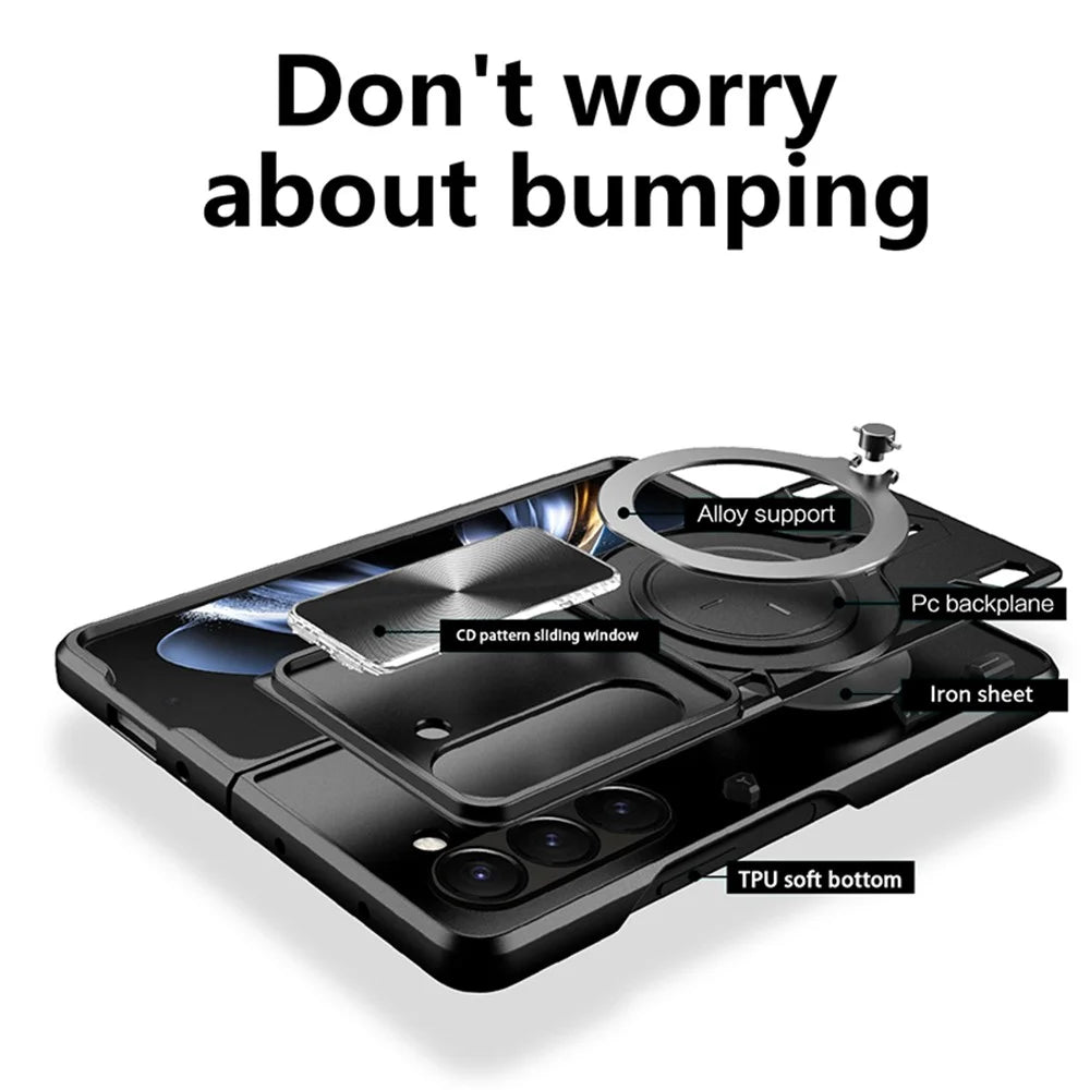 For Samsung Galaxy Z Fold5 5G Rotary Kickstand Phone Cover PC+TPU Case with Slide Lens Protection - Black - 3