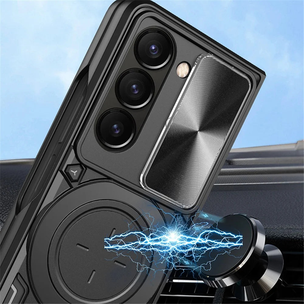 For Samsung Galaxy Z Fold5 5G Rotary Kickstand Phone Cover PC+TPU Case with Slide Lens Protection - Black - 4