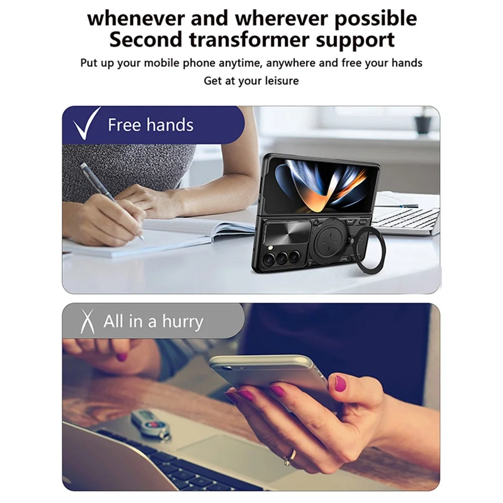 For Samsung Galaxy Z Fold5 5G Rotary Kickstand Phone Cover PC+TPU Case with Slide Lens Protection - Black - 6