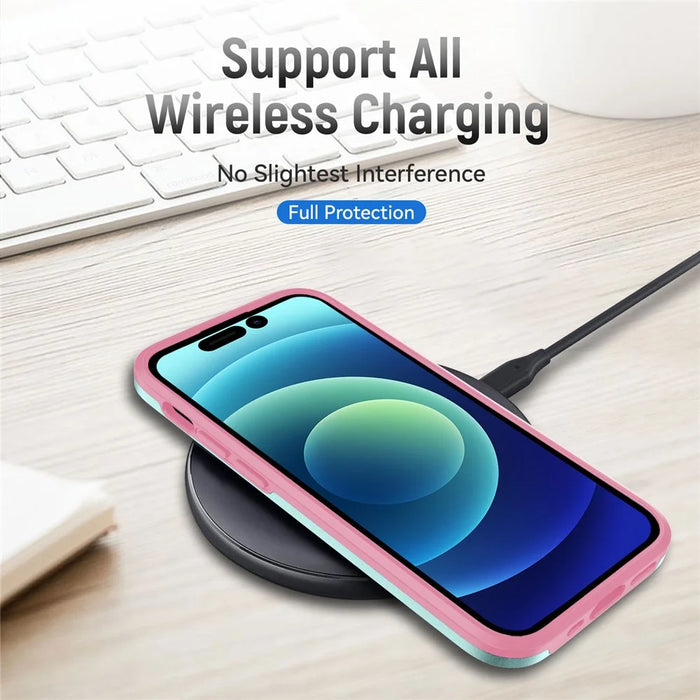 For iPhone 15 Pro PC+TPU Shockproof Phone Case Anti-drop Back Protector Cover - Pink+Green - 6