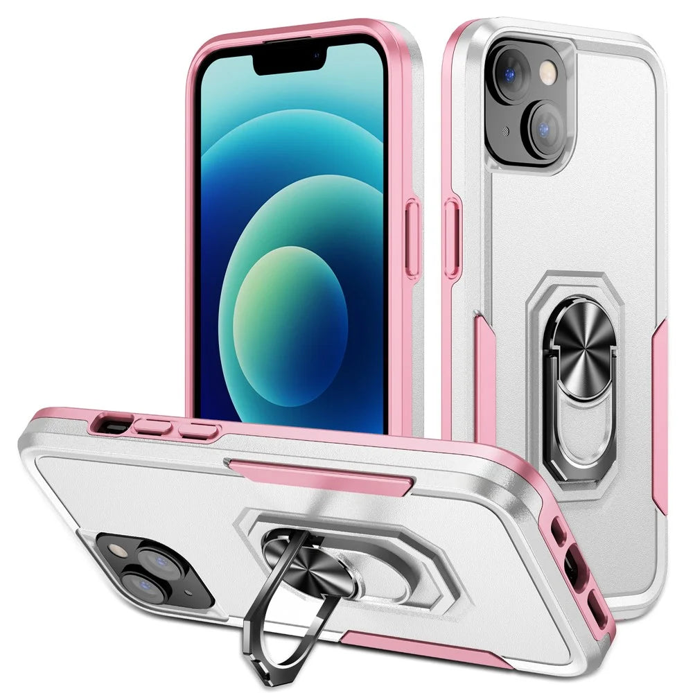 For iPhone 15 PC+TPU Shockproof Cover Anti-fall Phone Case with Ring Kickstand - White+Pink - 1