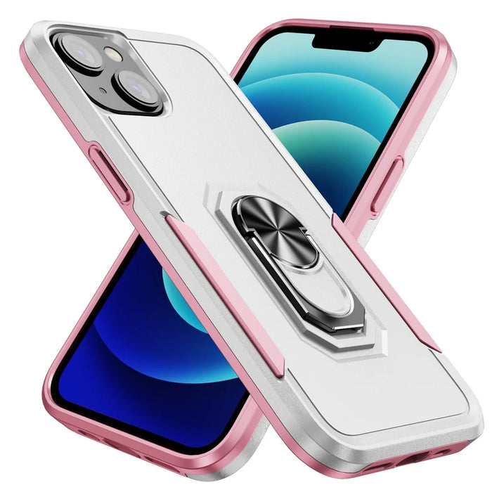 For iPhone 15 PC+TPU Shockproof Cover Anti-fall Phone Case with Ring Kickstand - White+Pink - 2