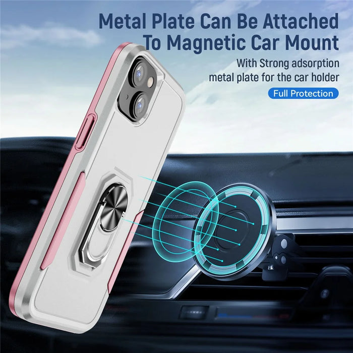 For iPhone 15 PC+TPU Shockproof Cover Anti-fall Phone Case with Ring Kickstand - White+Pink - 3