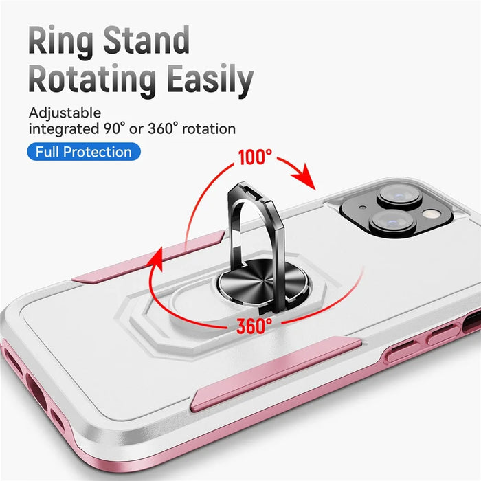 For iPhone 15 PC+TPU Shockproof Cover Anti-fall Phone Case with Ring Kickstand - White+Pink - 4